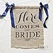 Ling's moment Natural Burlap Here Comes The Bride Sign with Navy Blue Ribbon, 15 x 20 Inches
