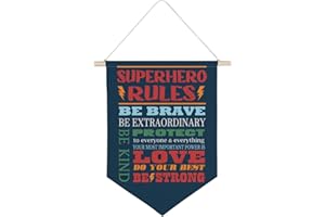QODUNG Inspirational Quote Superhero Rules Avengers Room Decor,Cool Wall Decor for Boys,Bedroom,Playroom,Toddler and Kids Room,Wall Hanging Pennant Flag Canvas Banner