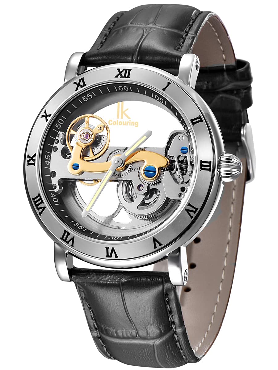 Alienwork IK Automatic Watch Men Women Silver Leather Strap Black Skeleton Glass Bottom