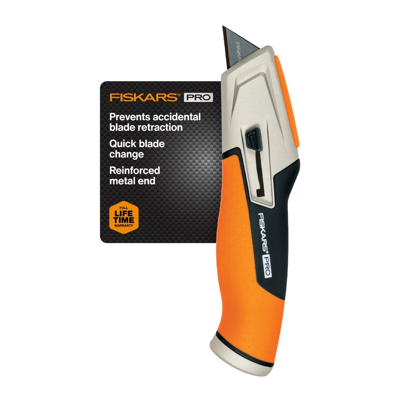 Photo 1 of ******MISSING PARTS*****Fiskars Pro Retractable Utility Knife, Heavy Duty Box Cutter with CarbonMax Long-lasting Snap Blade, and Easy Hinge Open with Quick Blade Change and Storage, Orange/Black