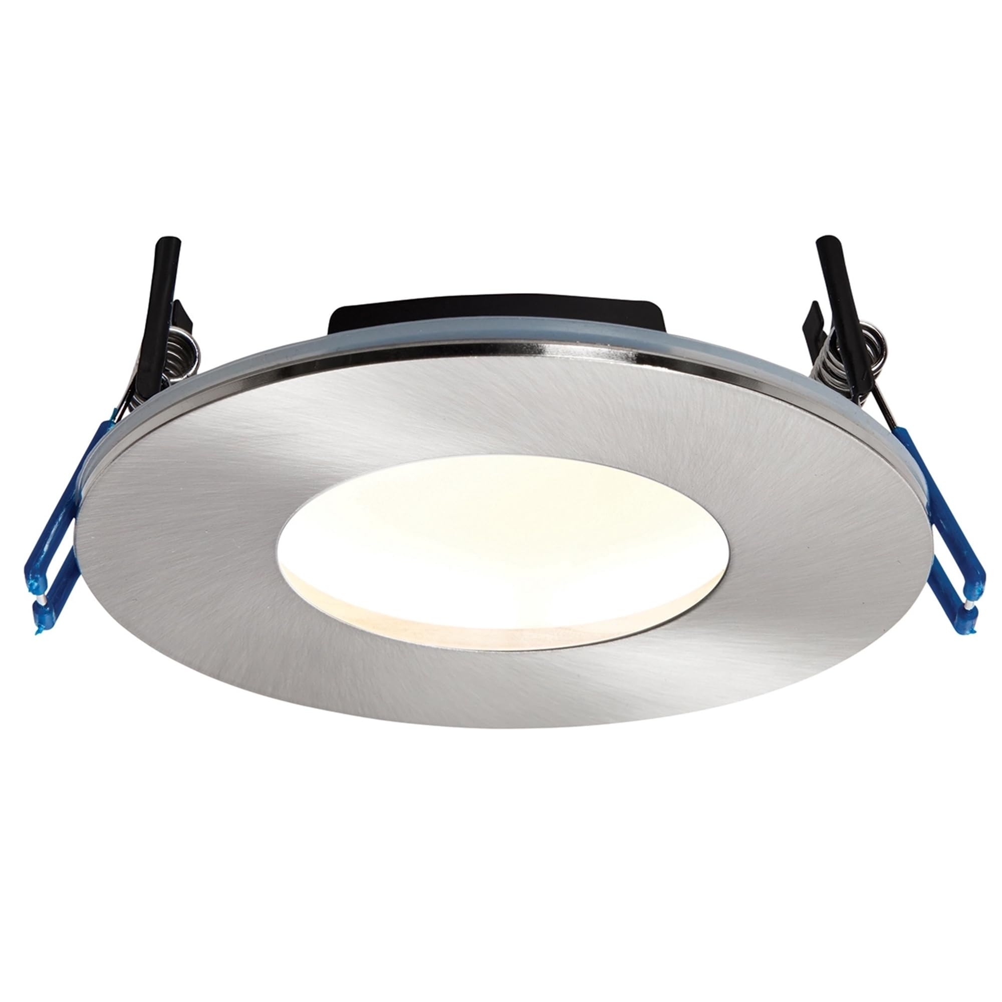 National Lighting Cannon Satin Nickel Finish Die Cast Aluminium Fire Rated Warm White LED Anti Glare Low Profile Ceiling Downlight Spotlight IP65 Rated for Bathroom, Shower, Kitchen, Lounge etc.