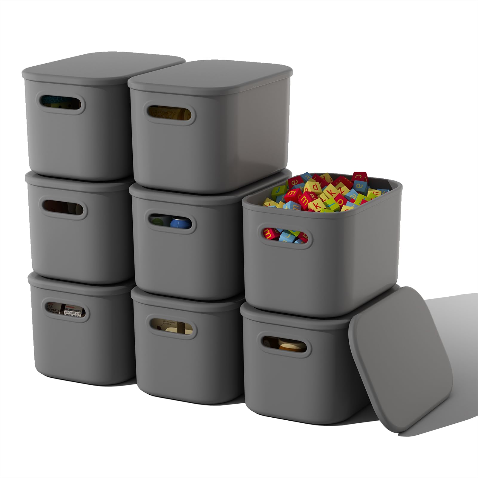 ORGIDOL 8 Pack Dark Grey Storage Bins with Lids Stackable Storage Container for Organizing, Storage Boxes with Handle for Shelves, Cute Organizer Bins for Craft, Snacks, 9.85x6.9x5.7 inch