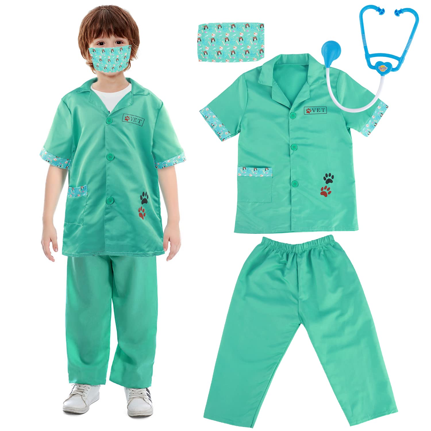 M MUNCASO 4pcs Kids Doctor Set Dress Up Role Play Vet Costume Children Vet Fancy Costume Outfit Doctors Dressing Up for Girls Boys 3-6 Years Old (Green)