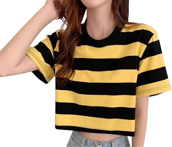 Amazon Sahshilil ストライプ Tシャツ 半袖 丸首 ゆったり レディース 薄手 シンプル カットソー フォマール 通勤 着痩せ 夏 ショート トップス イエロー F Tシャツ カットソー 通販