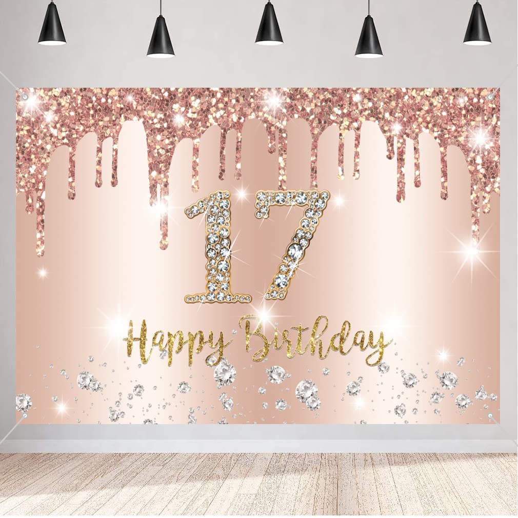 Happy 17th Birthday Decorations for Girl, Happy 17 Years Old Party Sign Poster Rosegold Backdrop Banner, 17th Birthday Party Supplies Photography Background Welcome Sign, 150cm x 90cm