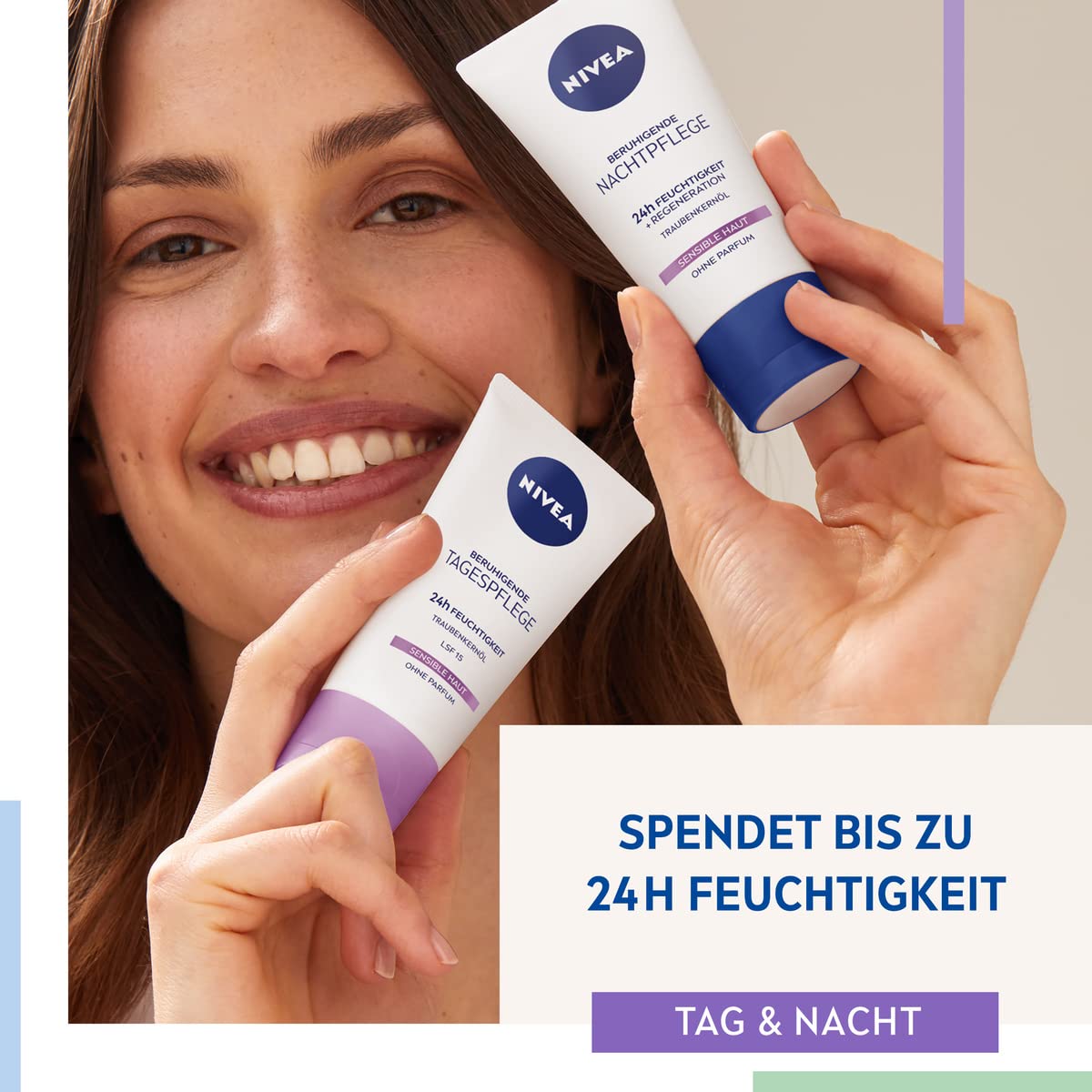 NIVEA Beruhigende Tagespflege 24h Feuchtigkeit LSF 15, parfumfreie Gesichtscreme für sensible Haut, zarte Tagescreme mit Traubenkernöl 5