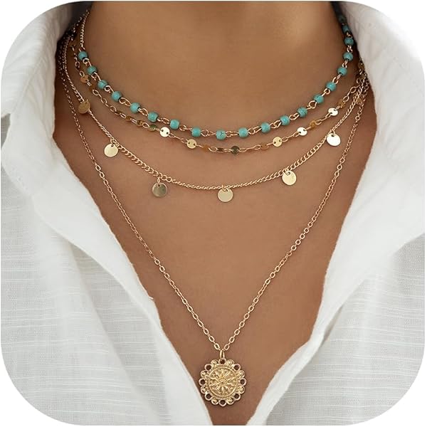 アクセサリー Octi Layered  Pendant Necklace Amazon.com: Gangel White Heishi Surfer Choker Layered