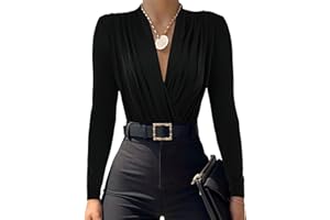 LYANER Women's Wraped V Neck Ruched Long Sleeve Leotard Bodysuit Top