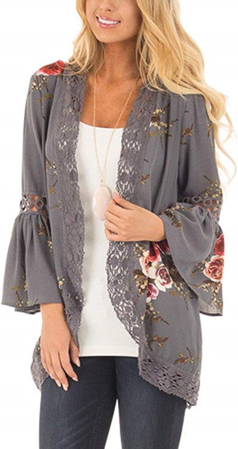 Chunoy Women Casual Floral Print Lace Trim Bell Sleeve Kimono Cardigan Cover Up Grey Medium