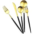 Gugrida Black Gold Flatware, Royal 5 Piece Matte Black Handle 18/10 Stainless Steel Tableware Sets for 1 Including Forks Spoons Knives, Camping Silverware Travel Utensils Set Cutlery (Black Gold)