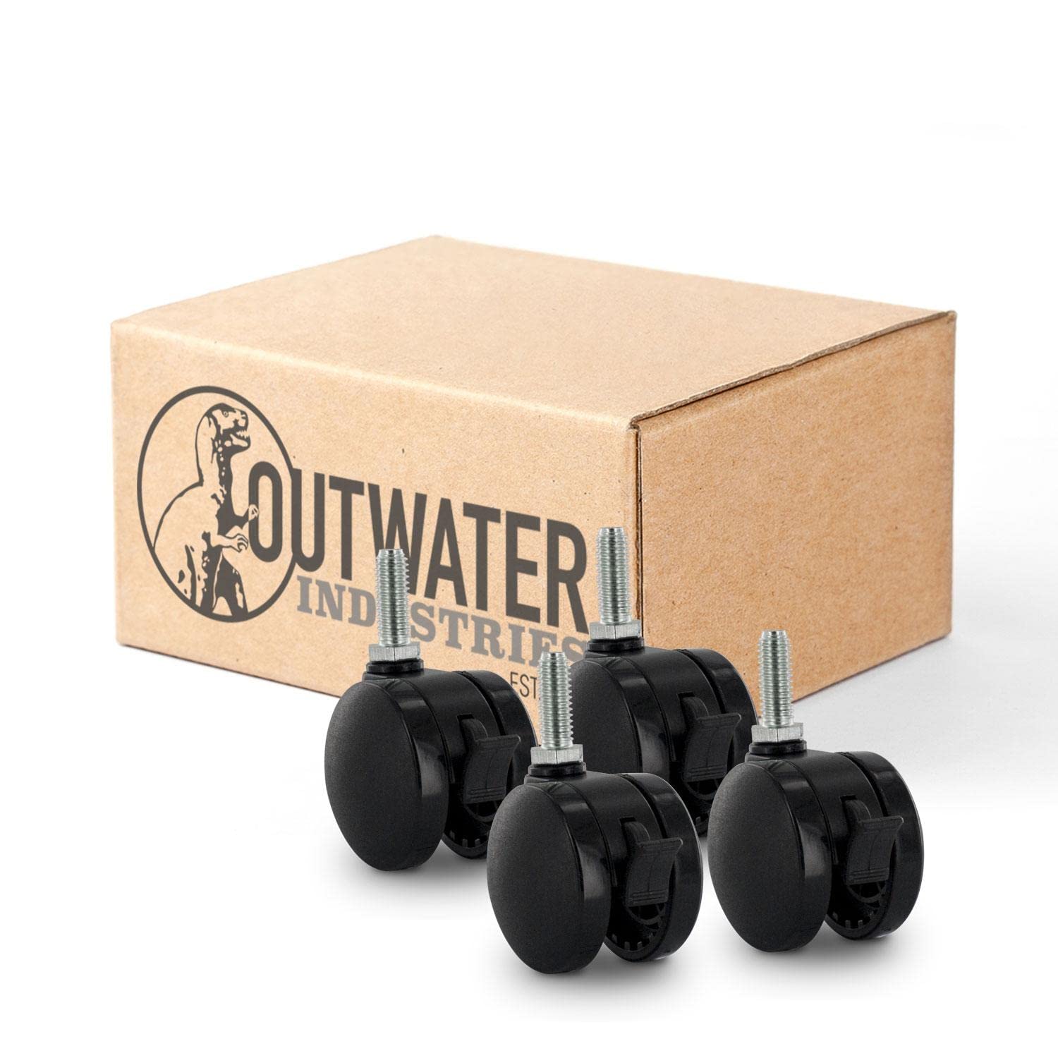 Photo 1 of 2" Wheel Diameter | Black Nylon Swivel Non Hooded Twin Wheel Furniture Caster with Brake | 3/8-16 x 1 Long Threaded Stem | Swivel Radius of 2-1/8" | 4 Pack by Outwater