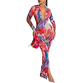 PuiLean Women's Sexy Summer Sheer Mesh Dresses Button Down Long Sleeve See Through Swimwear Maxi Dress