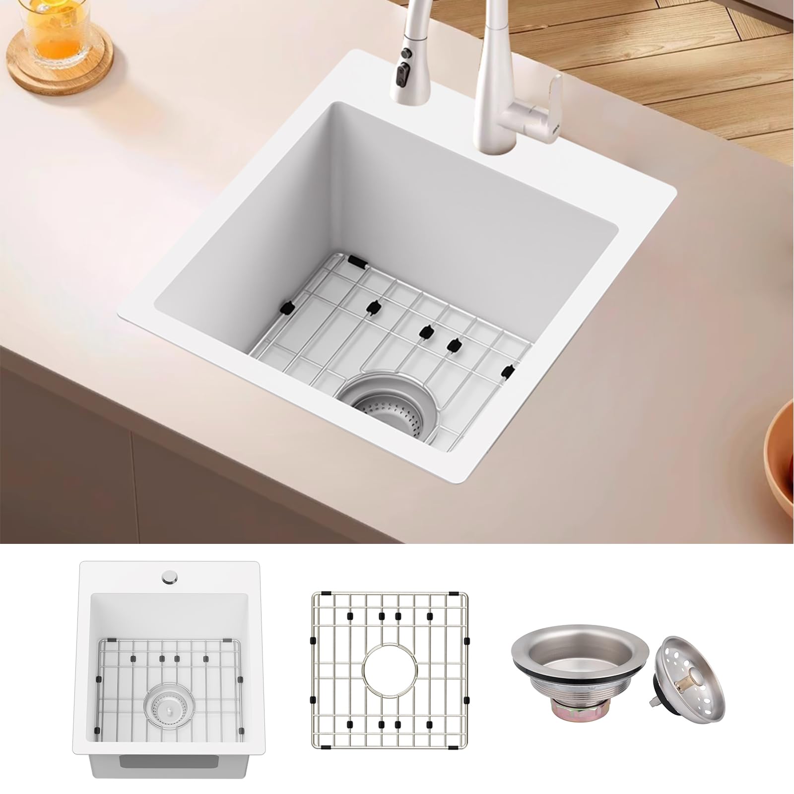 Cup Washer For Sink MENATT 15 X 17 Inch Drop In Kitchen Sink, 18 Gauge Stainless Steel Single Bowl Single Faucet... Vessel Sink