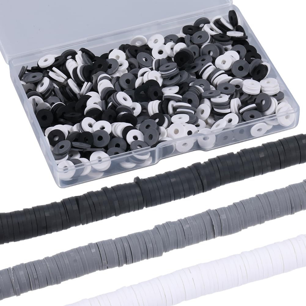 SUNNYCLUE 1 BOX 1000PCS+ 8mm Heishi Flat Polymer Beads Round Clay Beads Bulk Small Mini Refill White Black Grey Disc Vinyl Spacer Loose Beads for Jewellery Making Diy Bracelets Necklace Chocker Crafts