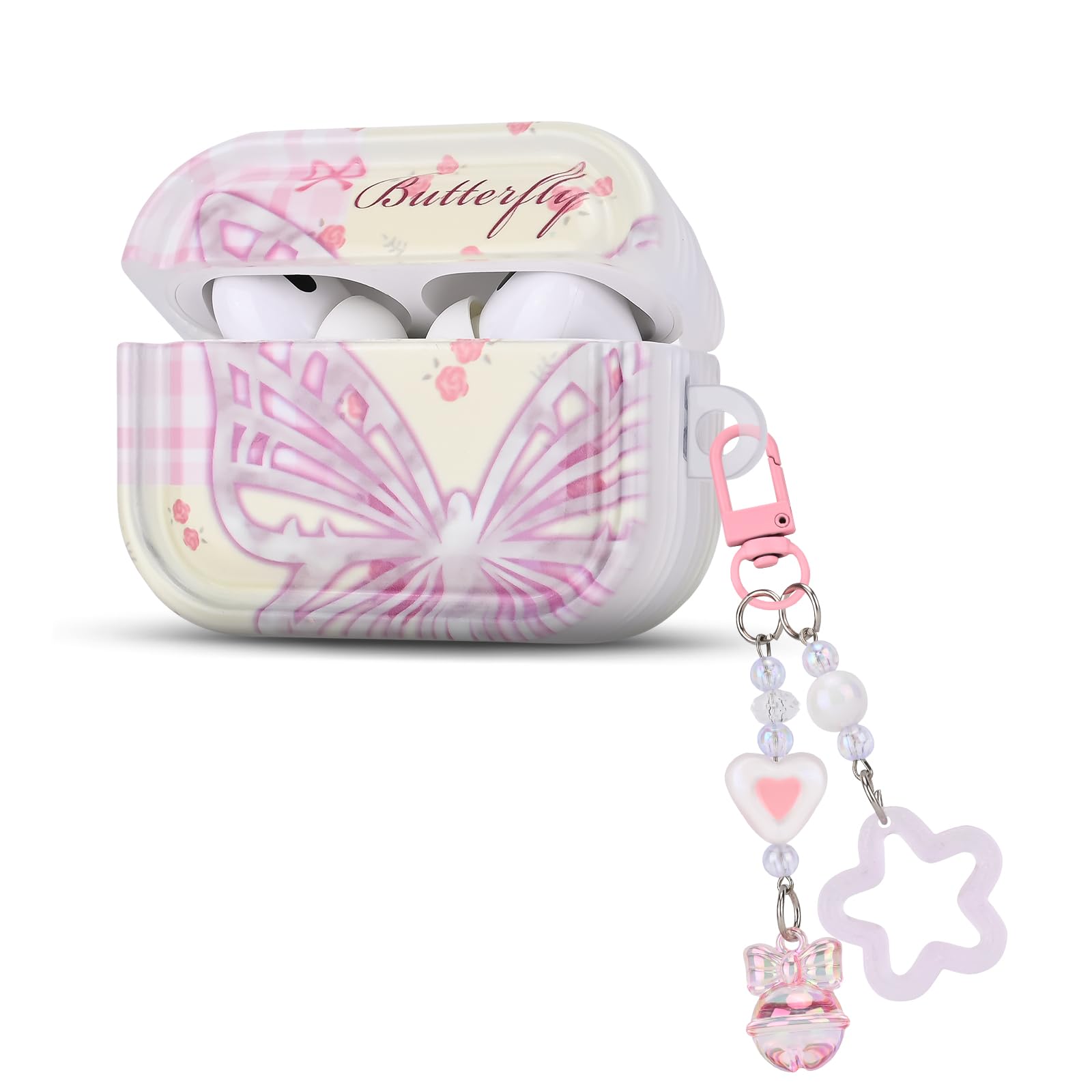 Butterfly Case for AirPods Pro 2 (2022) with Bling Star Love Keychain, Cute Pink Flower Butterfly Pattern for Women Girls Soft TPU Full-Body Protective Shockproof Cover for AirPod Pro 2nd Generation