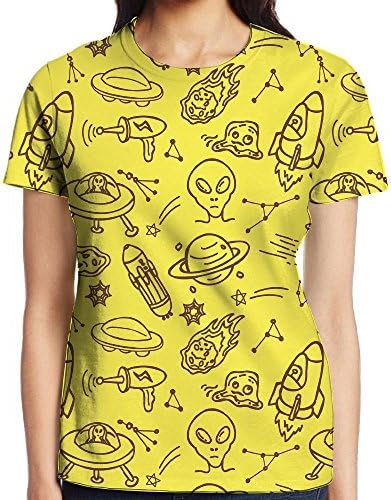 Tenten Me Womens Yellow Mysterious Alien Space Comfy Short Sleeve Tshirts Workout Pullover