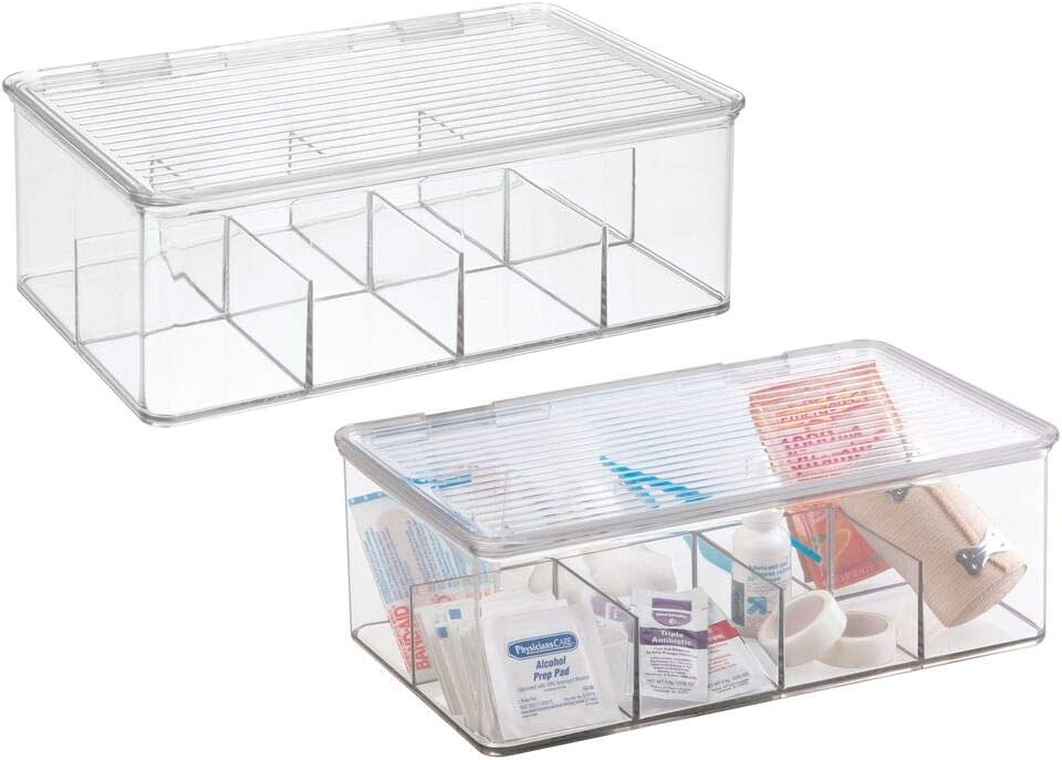 mDesign Plastic First Aid Kit Storage Box for Bathroom, Kitchen, Cabinet, Closet - Organizes Medicine, Ointments, Adhesive Bandages, Dental, Diabetic Supplies - 8 Divided Sections, 2 Pack - Clear: Home & Kitchen