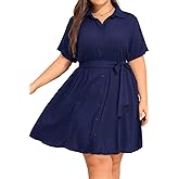 Talisea Plus Size Shirt Dress Women Button Down Casual Short Sleeve Summer Work Collared Belted Dresses with Pockets