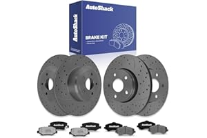 AutoShack Front Vented & Rear Solid Drilled & Slotted Coated Brake Rotors Black Matte Finish + Ceramic Pads 12-PC Brake Kit R