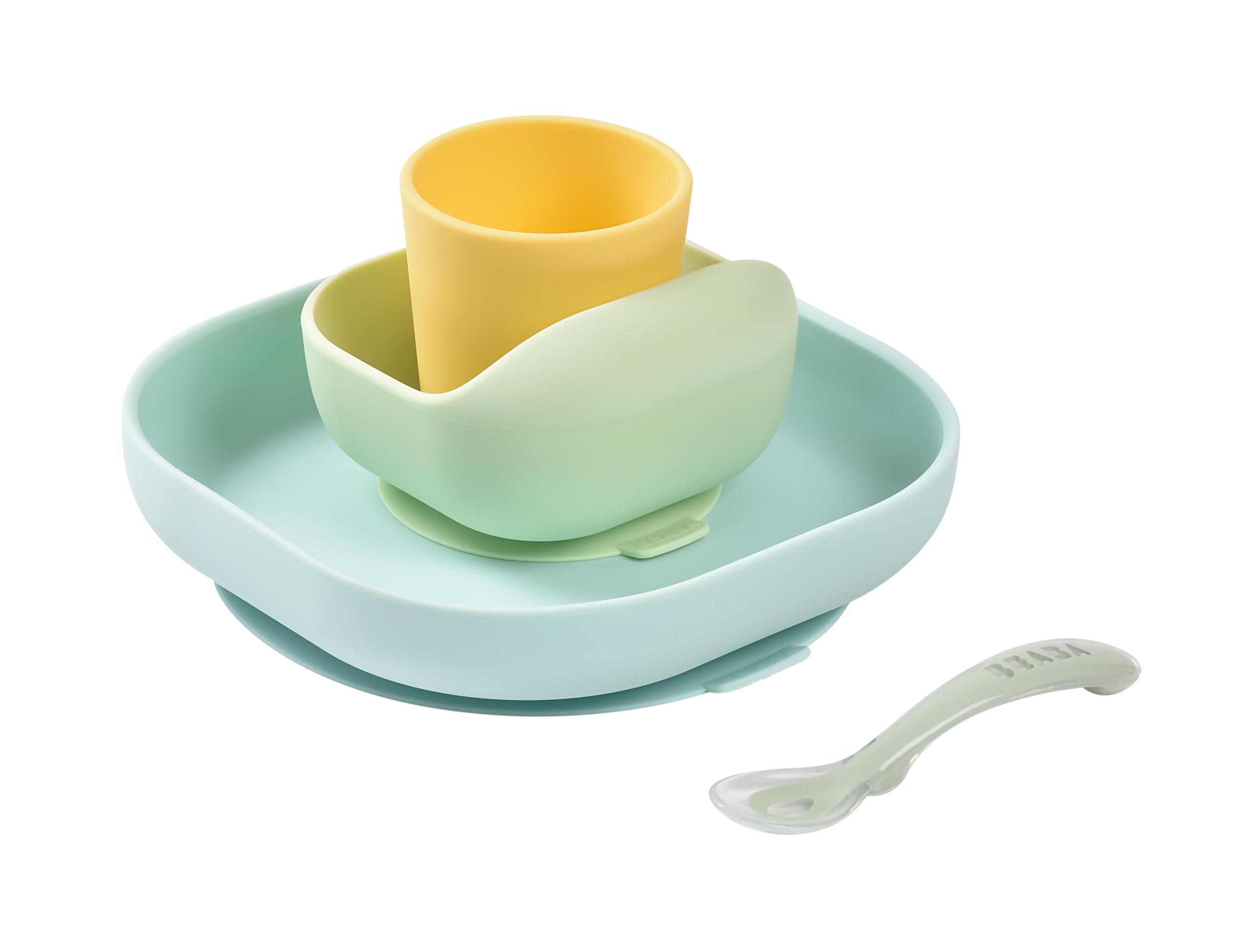 Béaba - Silicone Feeding Meal Set - Set of 4 Pieces : Plate + Bowl + Cup + Spoon - Silicone with Strong Suction pad - Baby and Children - Yellow