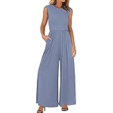 BTFBM Womens Casual Jumpsuits Dressy 2026 Spring One Piece Outfits Crew Neck Sleeveless Knit Wide Leg Pants Romper Beach