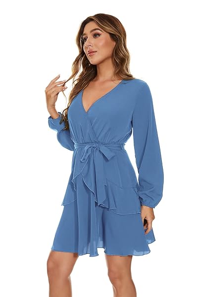 UGUEST WOMEN LONG SLEEVE V NECK DRESS, SOLID MINI SWING PARTY WEDDING DRESS WITH BELT, BLUE 3XL