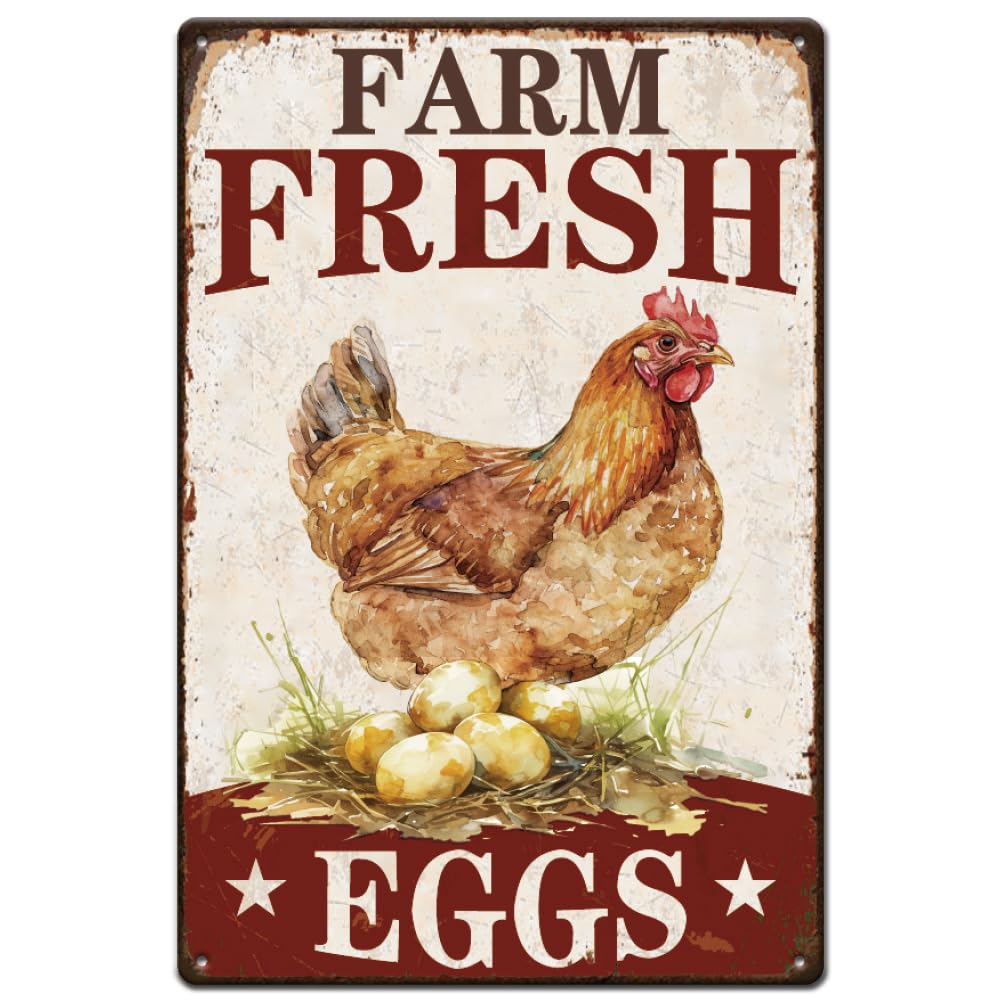 SUPERDANT Farm Fresh Eggs Metal Signs Chicken and Egg Tin Signs Chicken Coop Wall Plaques Funny Signs and Plaque Retro Metal Wall Art Poster for Farm Kitchen Man Cave Gift Vintage Decor
