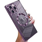 KANGHAR Case Designed for iPhone 14 Pro Max Magnetic Clear Case with Camera Lens Protector[Compatible with MagSafe] Luxury Cute Plating Design Full-Body Shockproof Protection Cover Darkpurple