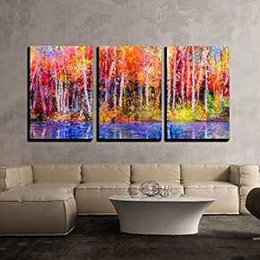 3 Piece Canvas Wall Art - Oil Painting Colorful Autumn Trees. Semi Abstract Image of Forest, Aspen Trees with Yellow - Modern Home Art Stretched and Framed Ready to Hang - 16"x24"x3 Panels