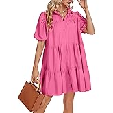 LYANER Women's Callor Button Down Puff Short Sleeve Ruffle Hem Loose Babydoll Mini Dress