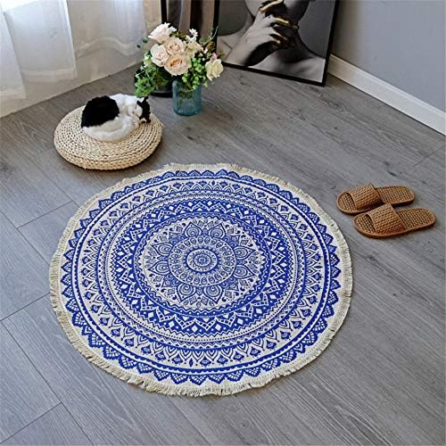 SHAJUJU Cotton Woven Carpet Colorful Round Carpet Cotton Tassel Woven Rug Beside Mat Bedroom Home Flower Area Floor Rug Red Blue