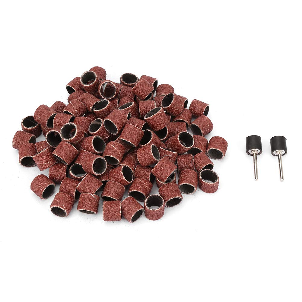 ASHATA 100 Pieces Sanding Drum Set 1/2 inch and 2 Pieces Drum Mandrels for Dremel Rotary Tool, 12mm Abrasive Sand Paper Ring Sandpaper Wheel Grinding Bit