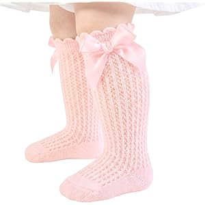 OYPHJFL 1 Pairs Baby Girl Knee High Socks Hollow Lace Tube Socks with Bows | Premium cotton spandex blend princess tall socks