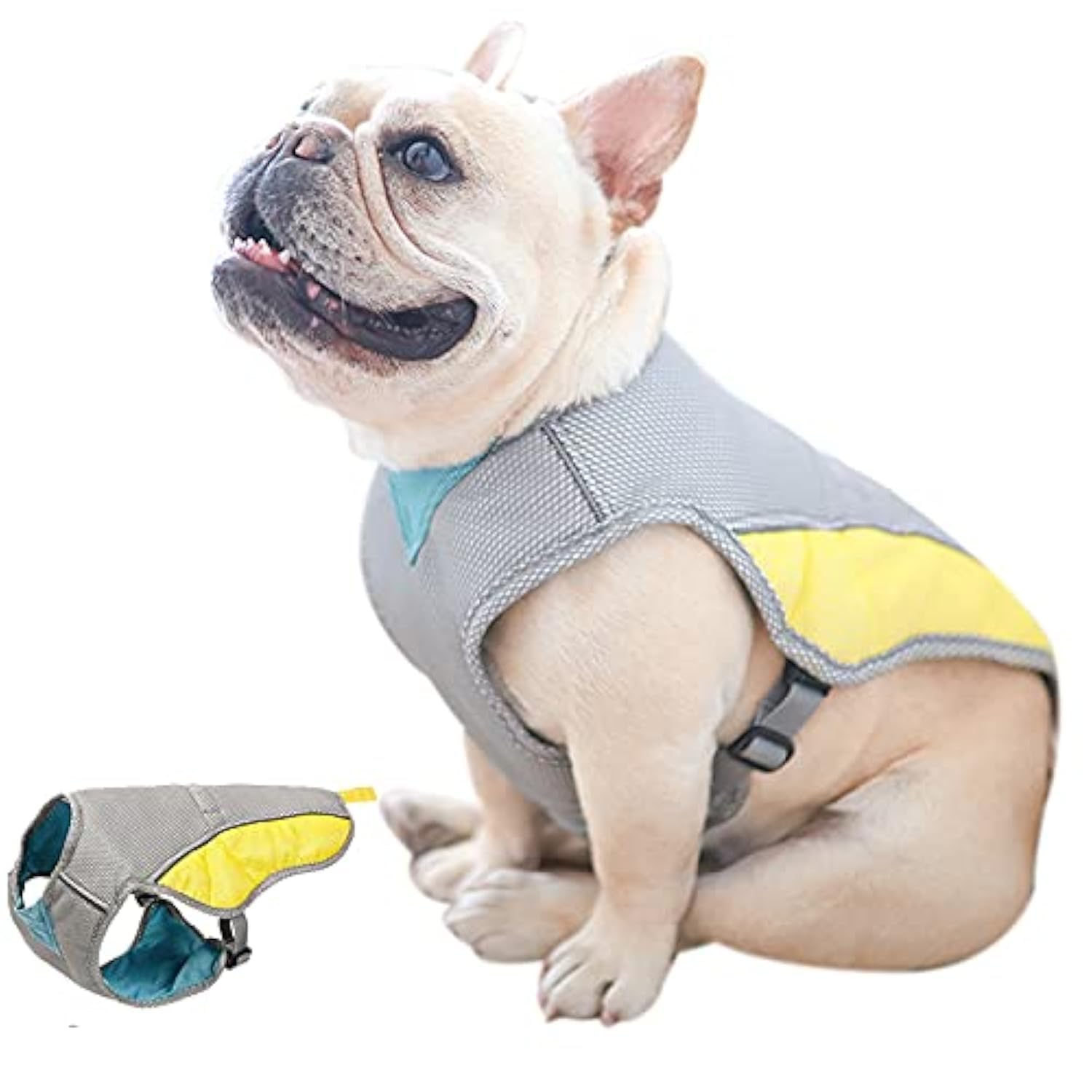 Hifrenchies French Bulldog Summer Cooling Vest, Outdoor Dog Jacket, Grey & Yellow, Size M, Cotton, Reflective, Comfortable, Adjustable, Leash Hole