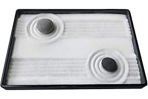 ICNBUYS Mini Zen Garden Classic with Free Rake Bamboo Pen Pushing Sand Pen Zen Garden Drawing Guild and Selected River Stones Well Packaged Gift Base Tray Dimensions 10 x 7 inches