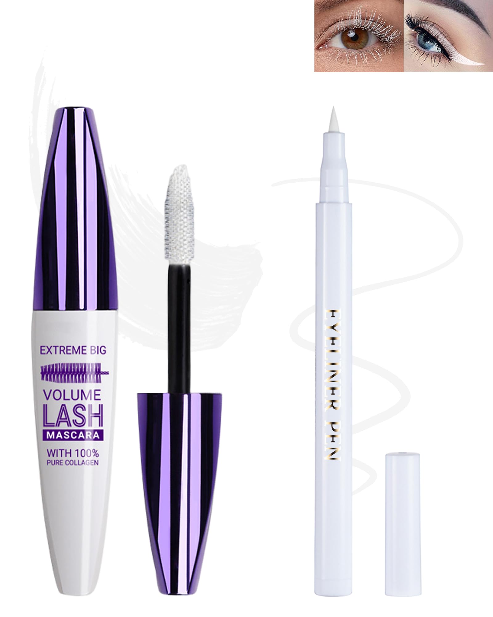White Waterproof Mascara & Eyeliner Set, 5D Silk Fiber Liquid Lash Extensions Colored Tubing Volume and Length, Long Lasting, Smudge-Proof Curling Non-Clumping