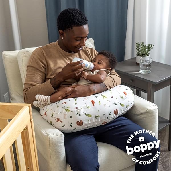 BOPPY NURSING PILLOW – FIRM, ERGONOMIC U-SHAPED BOTTLE AND BREASTFEEDING PILLOW WITH HIGH LIFT FOR COMFORT AND SUPPORT, SPACIOUS SURFACE – NEUTRAL PLANTS AND ANIMALS