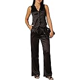 Women's 2 Piece Outfits Satin Suit Vest Waistcoat Dressy Casual Sets Wide Leg Pants Suits