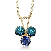 Gem Stone King 14K Yellow Gold Blue Diamond and Blue Created Sapphire 3-Stone Pendant Necklace For Women (0.34 Cttw, Gemstone April Birthstone, Round 3MM, 18 Inch Chain)