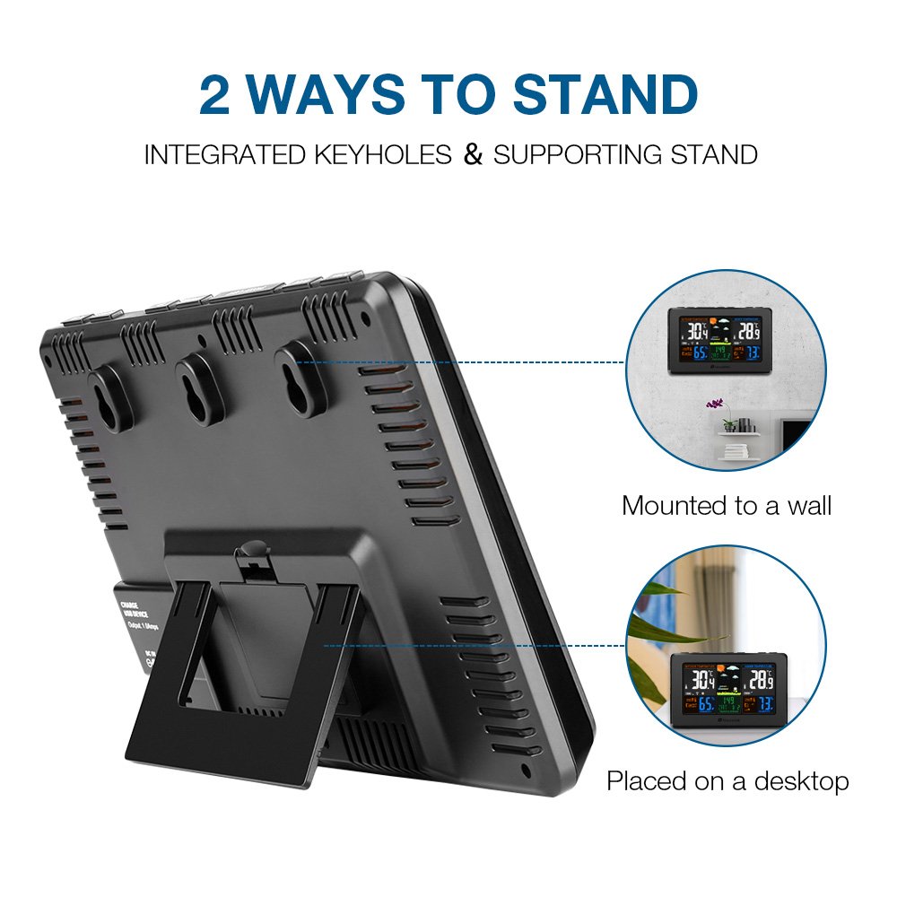 Wireless Weather Station, Houzetek S657 Indoor Outdoor Thermometer Color Home Alarm Clock with Temperature and Humidity Monitor, Large Display Digital Tabletop Hygrometer Outdoor Sensor, USB Port