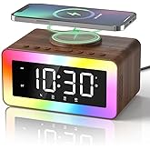 Alarm Clock with Wireless Charging, Bluetooth Speaker, White/Brown Noise Sound Machine Night Light, Wooden Digital Alarm Clocks for Bedrooms, Wireless Charger for iPhone, Birthday Gifts for Men Women