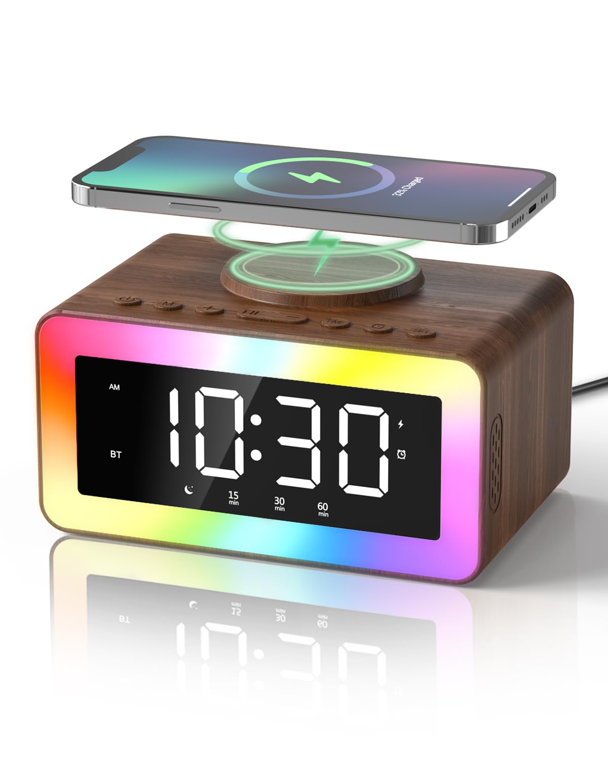 Photo 1 of Alarm Clock with Wireless Charging, White/Brown Noise Sound Machine, Bluetooth Speaker Night Light, Wooden Digital Alarm Clocks for Bedrooms,Wireless Charger for iPhone, Birthday Gifts for Men Women