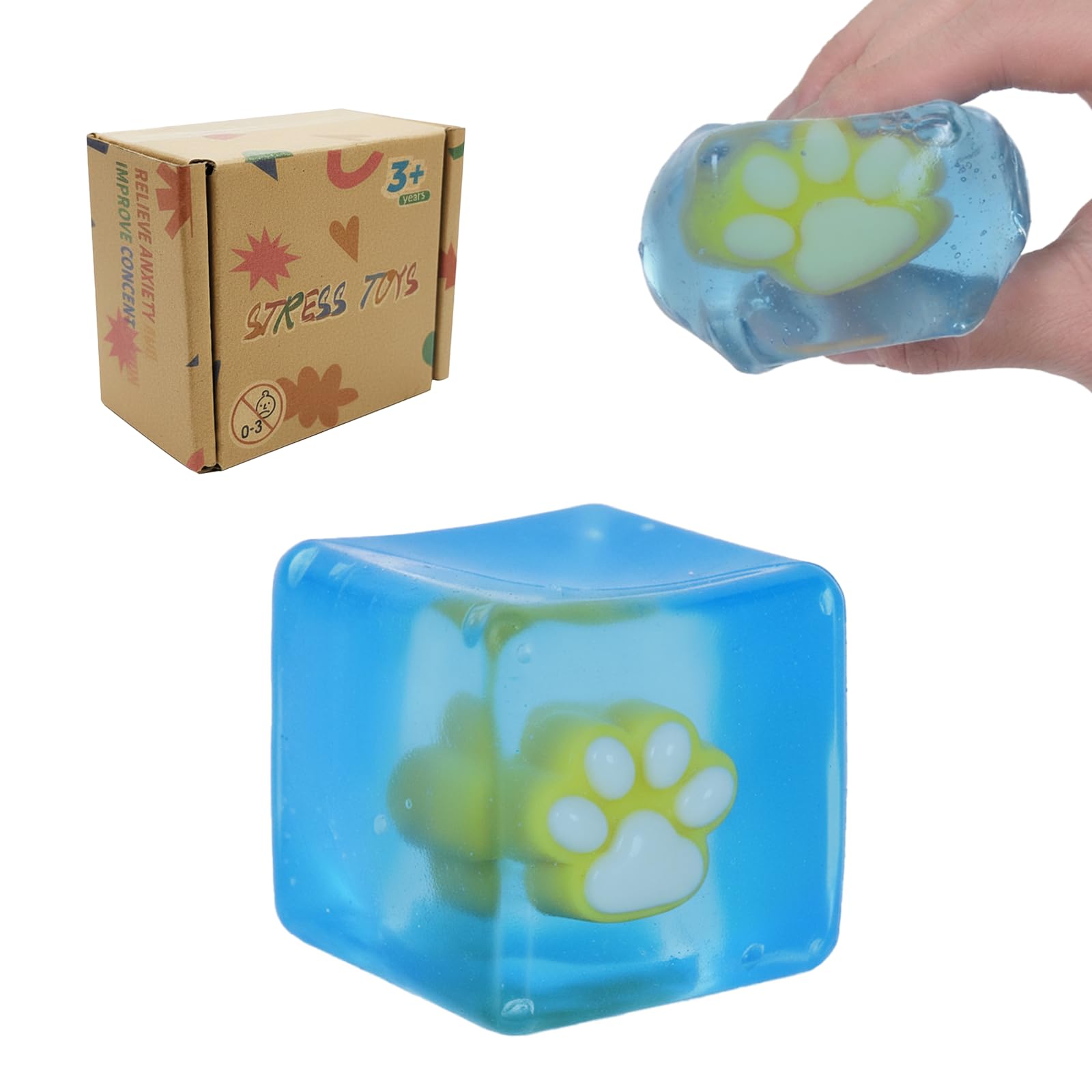 Jiezipeasy Clear Cube Squishy Toy with Paw Design, Soft Slow-Rebound Fidget Squeeze Toy for Everyday Stress Relief (Yellow)