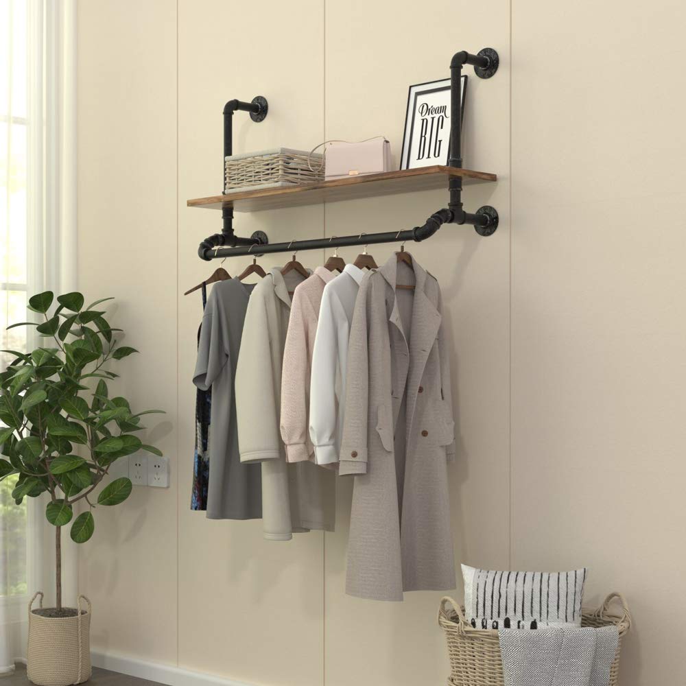 Tianman 40" W,Industrial Detachable Wall Mounted Black Iron Wooden Garment Bar,Pipe Clothes Rack,Heavy Duty Pipe Clothing Rack, Multi-Purpose Hanging Rod for Closet Storage (40" W)