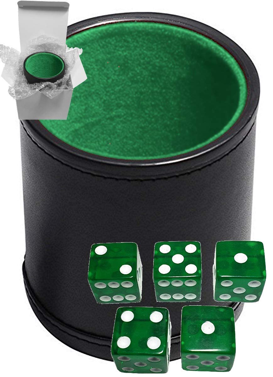 Set of 16mm Transparent Squared Corners Dice and Black PU Leather Dice Cup Plush Velvet Lined - Gift Boxed (Green, Green Lining Cup)