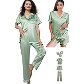 WJing Yi Jia 5Pcs Womens Silk Satin Pajamas Sets XS-XXL Short Pj Sets Button Down Pjs Set Sleepwear Loungewear