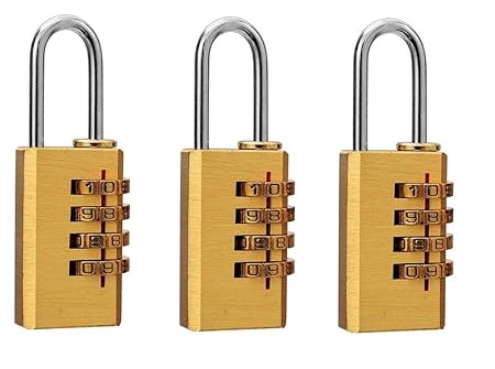 DOCOSS -Pack of 3-Brass 4 Digit Number Lock Small Bag Lock Travel Lock Luggage Resettable Password Locks Combination Padlock(Gold)