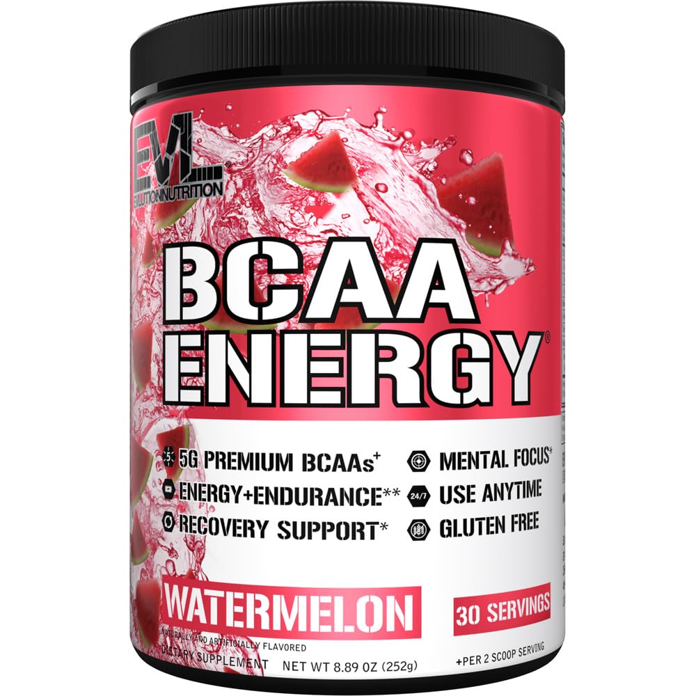 Evlution Nutrition BCAA Energy - Essential BCAA Amino Acids, Vitamin C & Natural Energizers for Performance, Immune Support, Muscle Building, Recovery, B Vitamins, Pre Workout, 30 Serve, Watermelon