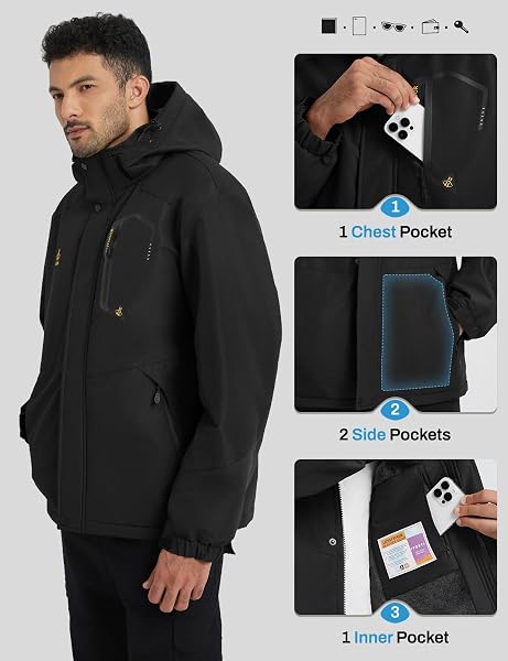 ASPO MEN’S WATERPROOF SKI JACKET WINTER WARM SNOW COAT FLEECE LINED SNOWBOARD HOODED MOUNTAIN WINDBREAKER RAINCOAT HIKING BLACK XL