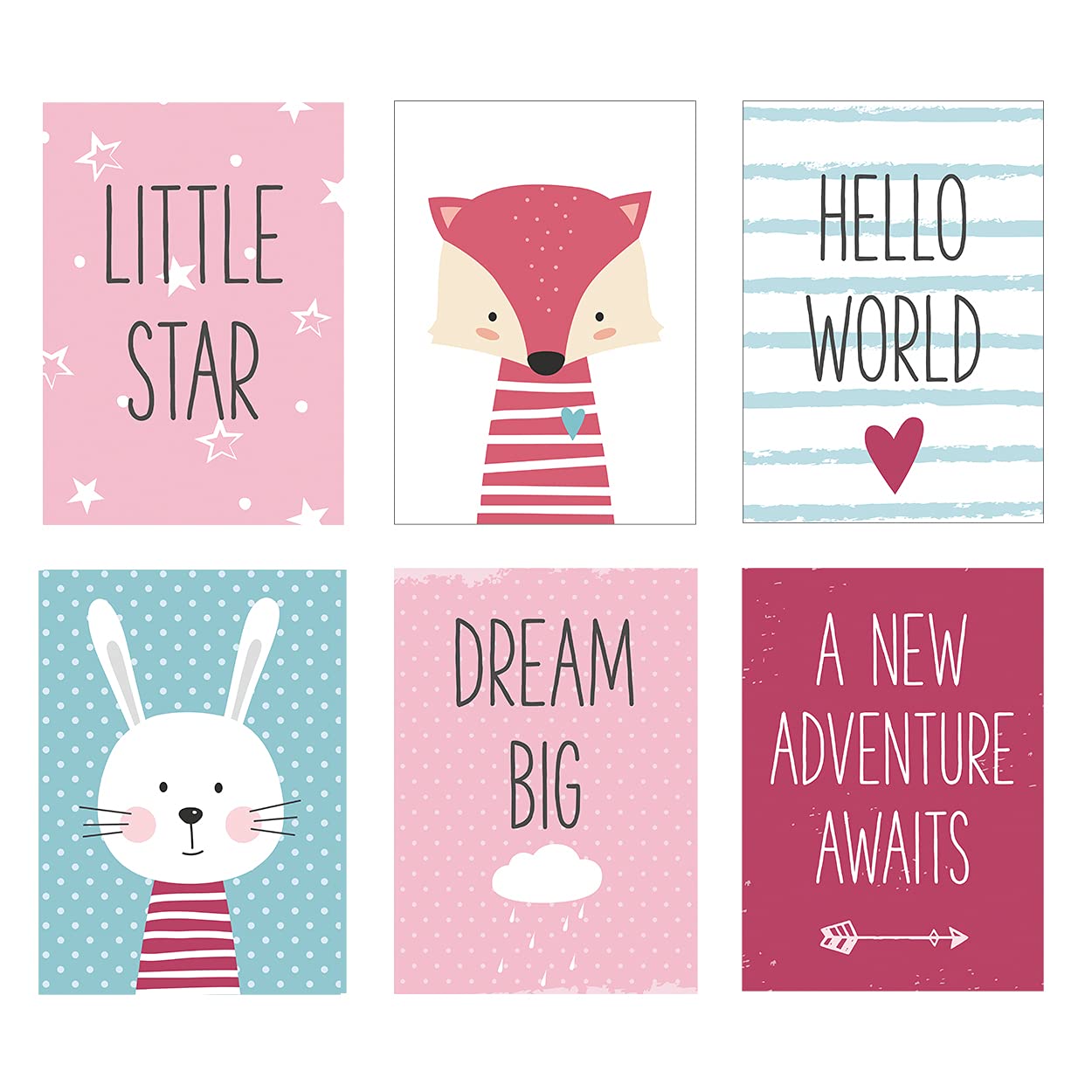 Fun Baby Girls Art Prints, Size A4, Set of 6 Unframed For Kids Bedroom Or Nursery